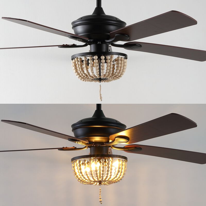Erin Rustic Farmhouse Iron/Wood Bead Mobile Appremote Controlled LED Ceiling Fan