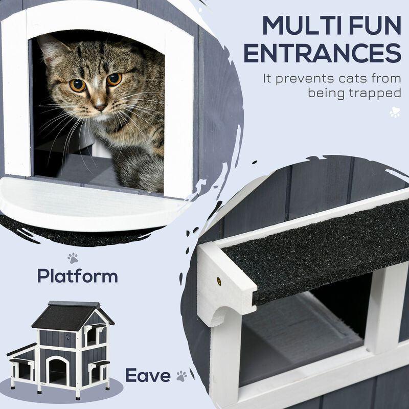 Wooden Cat Shelter: 2-Story Outdoor House with Flower Pot & Weather Resistant Roof