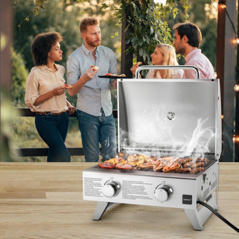 Costway Stainless Steel Propane Grill with Lid for Outdoor Camping Tailgating Picnic Party-Silver