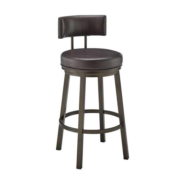 Eleanor 30 Inch Swivel Bar Stool Chair, Round Mocha Brown Faux Leather Seat-Benzara