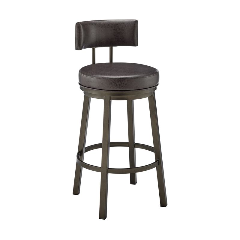 Eleanor 30 Inch Swivel Bar Stool Chair, Round Mocha Brown Faux Leather Seat-Benzara