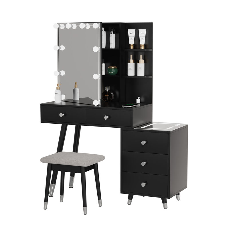 Vanity Mirror Cabinet with LED Lights, 5 Drawers & Storage Shelves