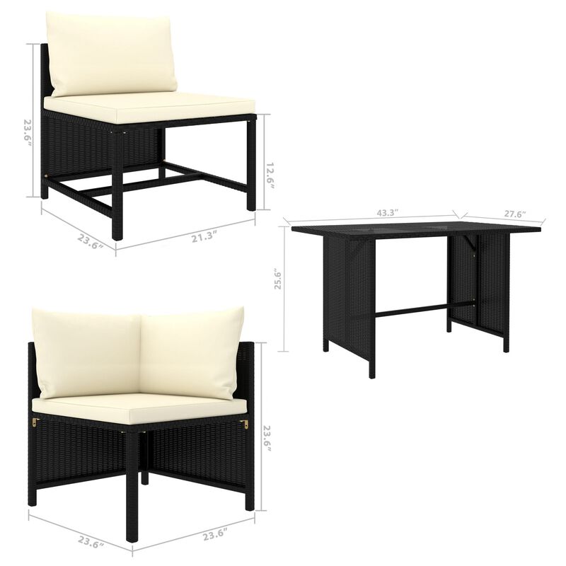 Nilo 9pc Outdoor Modular Corner Sofa Set w Dining Table, Black Rattan - Benzara