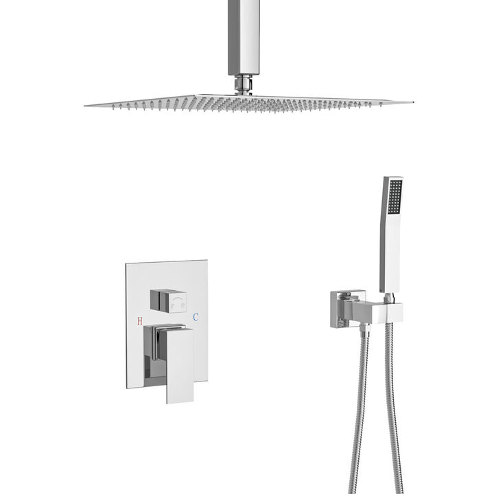 Ceiling Shower Set - 16 Inch Square Shower Set, Dual Shower Heads, Chrome