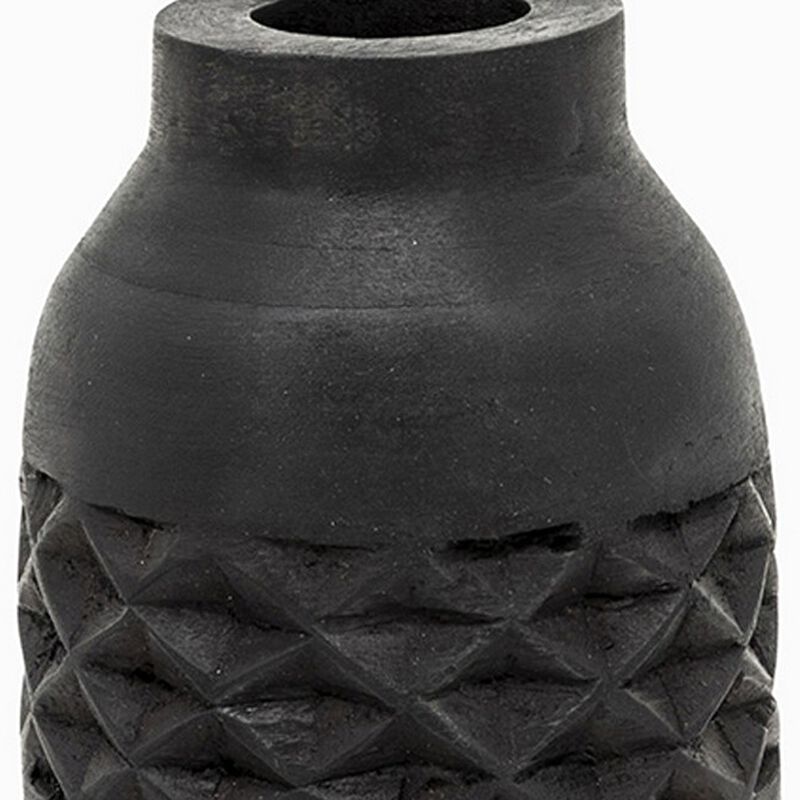 Yuka 12 Inch Vase, Bottle Shape, Embossed Diamond Patterns, Stained Black - Benzara