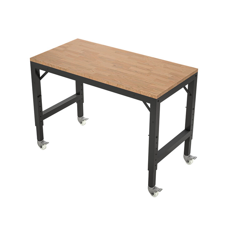 Heavy-Duty Workbench with Lockable Wheels, Hardwood Table for Garage & Workshop