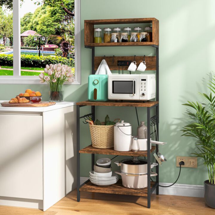 Hivvago 60 Inch Tall Microwave Stand with Open Shelves and 10 Hanging Hooks-Rustic Brown