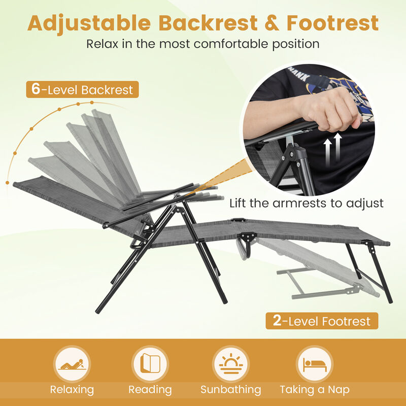 2 Piece Patio Folding Chaise Lounge Chairs Recliner with 6-Level Backrest