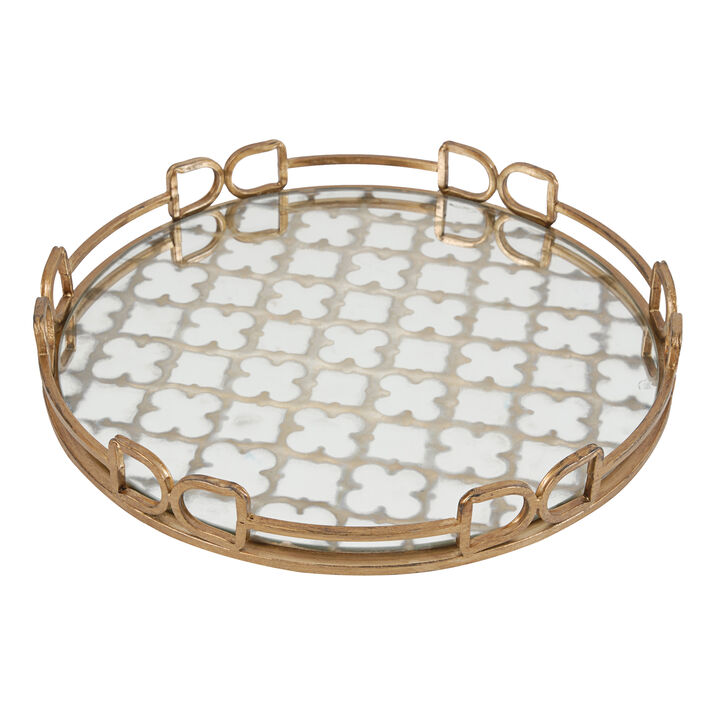 Sui 16 Inch Round Serving Tray, Glass Bottom and Gold Geometric Frame-Benzara