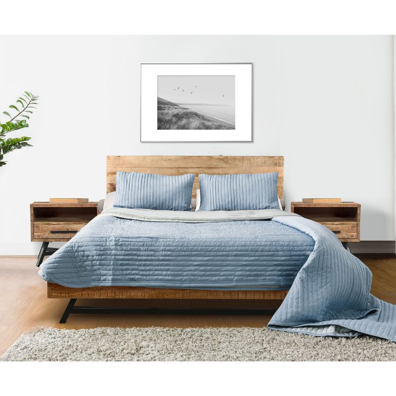 Bree Modern Rustic Queen Size Platform Bed, Brown Acacia & Mango Wood Frame, Black Iron Angled Legs