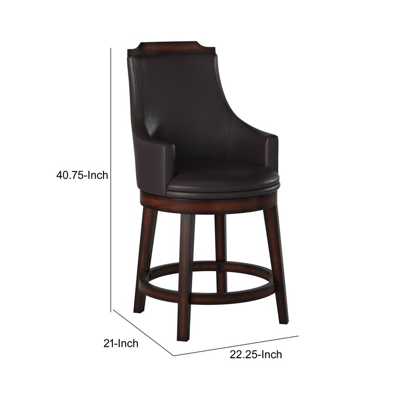 Wood & Leather Counter Height Chair with Swivel Mechanism, Brown & Black, Set of 2-Benzara