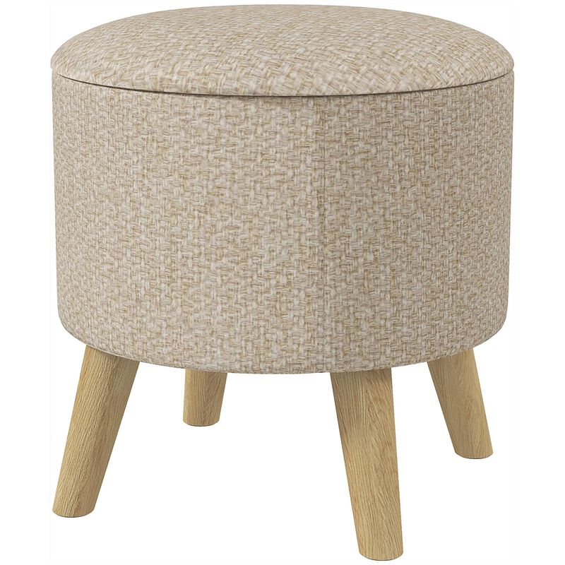 Linen Round Storage Ottoman: Wood Legs, Hidden Space