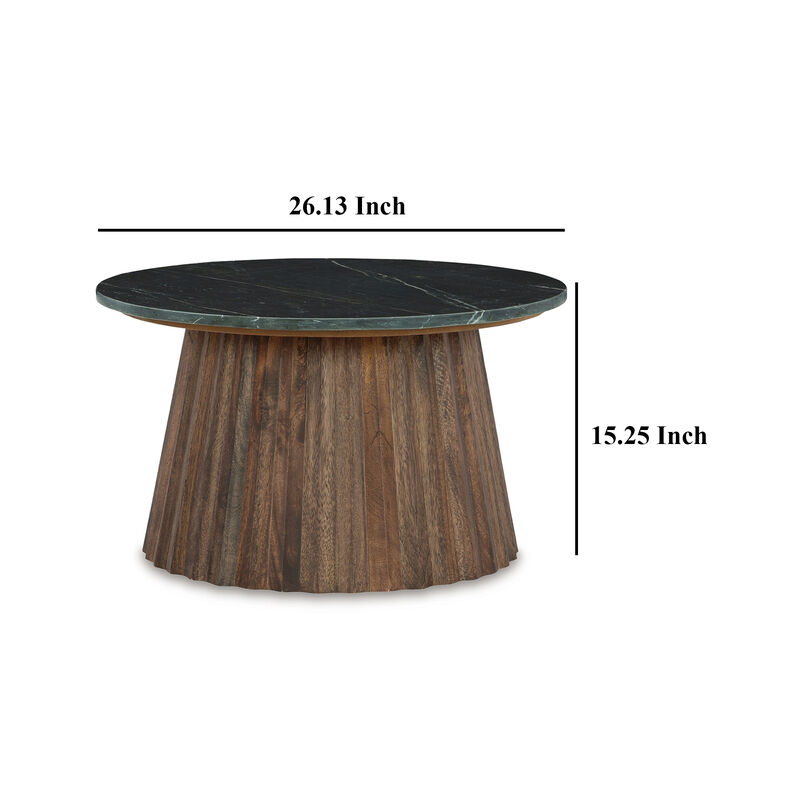 Ceil Cocktail Coffee Table, 26 Inch Fluted Flared Base, Black Marble - Benzara