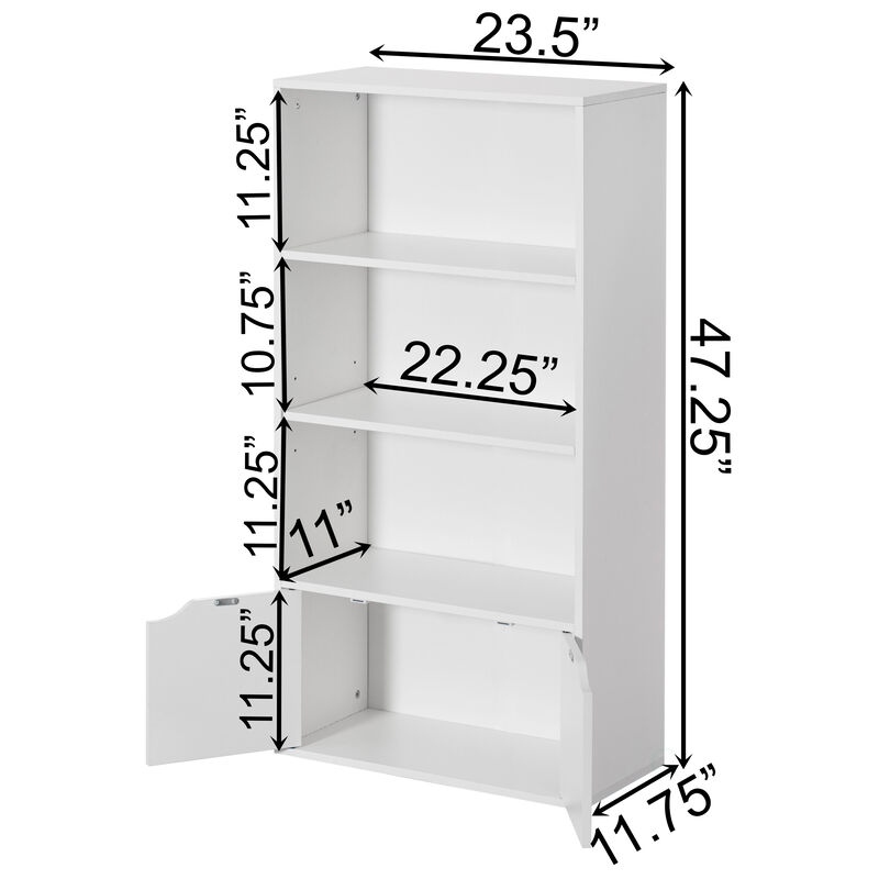 47 Inches Multi Purpose White 3 Tier Open Book Shelf and Bookcases with 2 Doors Storage Cabinet and 1 Adjustable Shelf - Ideal for Home Office, Living Room, Classroom, Study Room