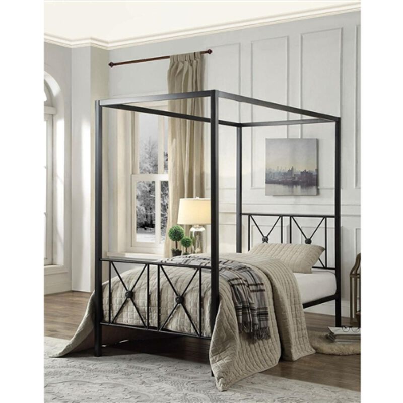 Hivvago Twin size Black Metal Canopy Bed Frame with Medallion Accents