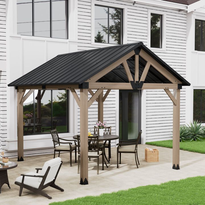 MONDAWE 10 x 12 ft. Wood Gazebo Cedar Framed Wooden Gazebo Patio Steel Hardtop Gazebo with Galvanized Steel Gable Hardtop Roof for Patio Lawn Backyard, Black Roof + Dark Wood Frame - Greenwich Serie