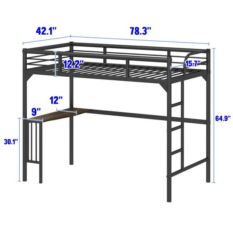 Twin Metal Loft Bed With Desk, Ladder And Guardrails, Bookdesk Under Bed