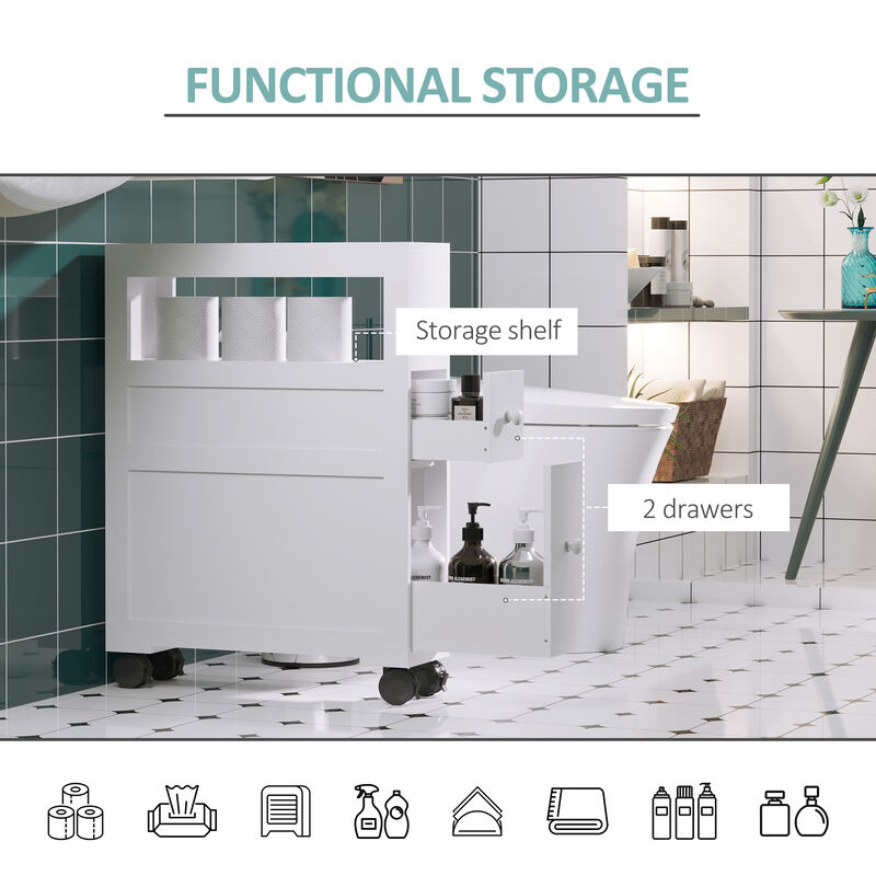 Wooden Rolling Narrow Bathroom Storage Side Cabinet w/ Slide-Out Shelf