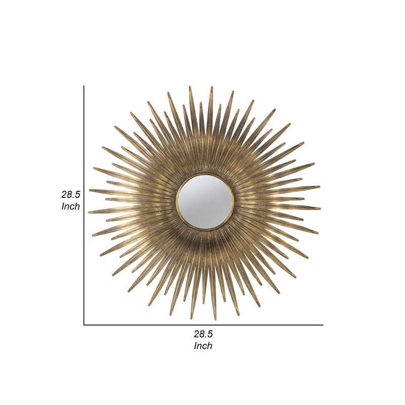 28 Inch Wall Mount Accent Mirror with Round Sunburst Iron Frame,  Gold-Benzara