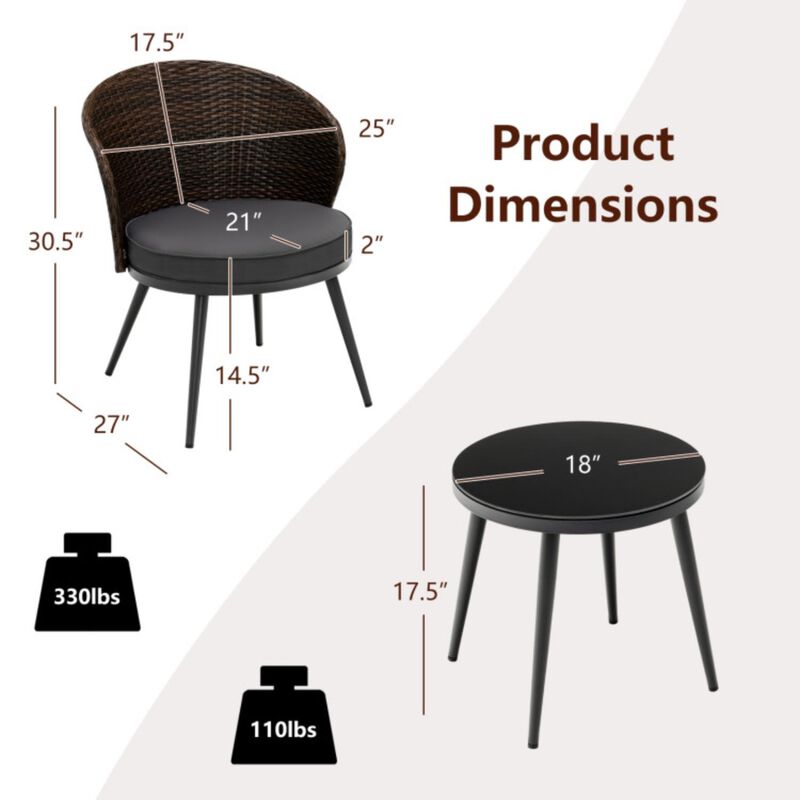 Hivvago 3 Pieces Patio Rattan Bistro Set with 2 Seat Cushions and Tempered Glass Tabletop