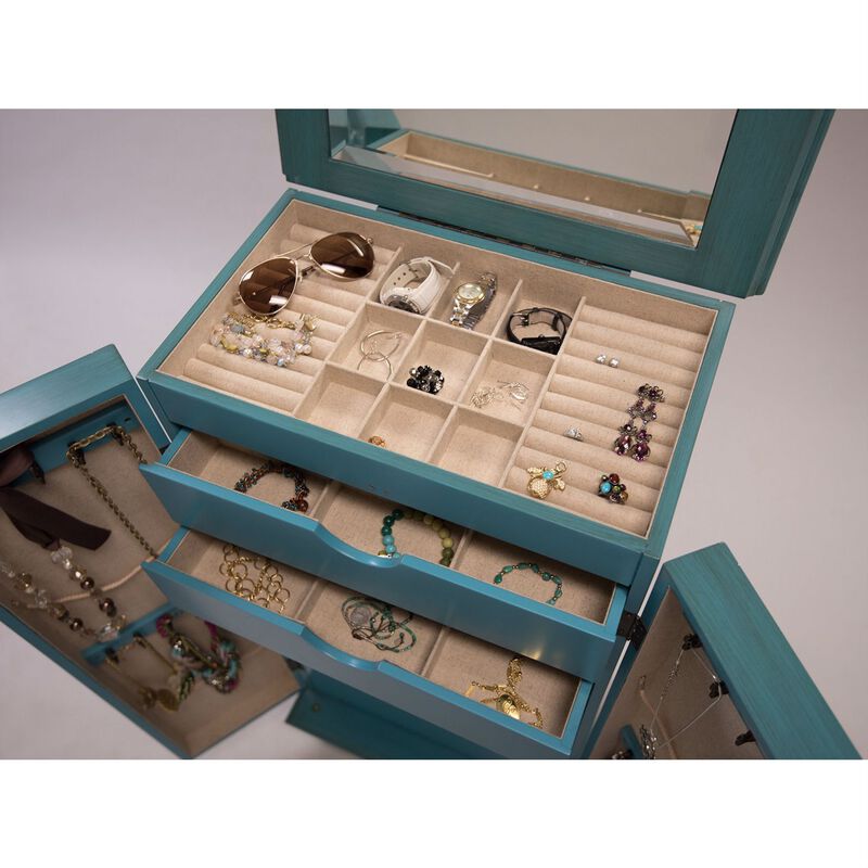 Hivvago  Turquoise Hand Painted Jewelry Armoire with Antique Drawer Pulls