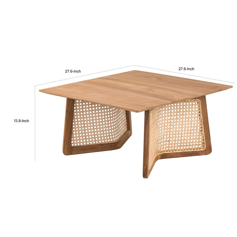 28 Inch Coffee Table, Square Top, Rattan Cane Base, Teak Wood, Brown  - Benzara