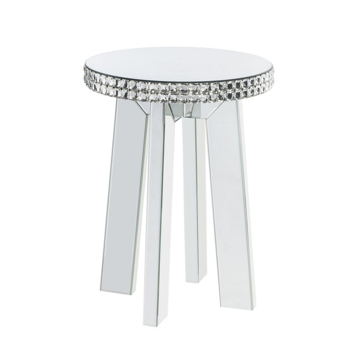 Round Mirror Panel Inlay End Table with Faux Crystals Accents, Silver-Benzara