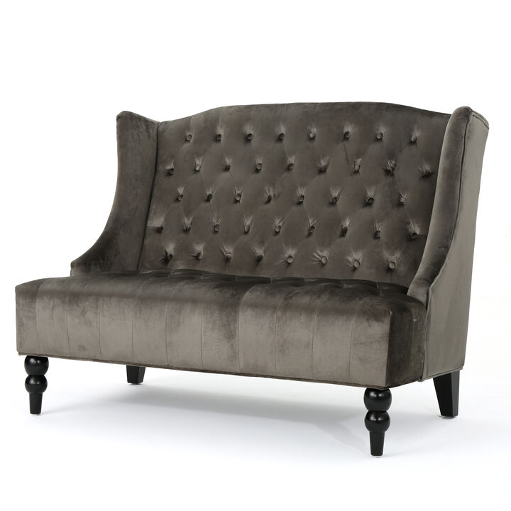 Lanny Loveseat Settee, Wingback Bench 50 Inch Wood, Tufted Gray Velvet - Benzara