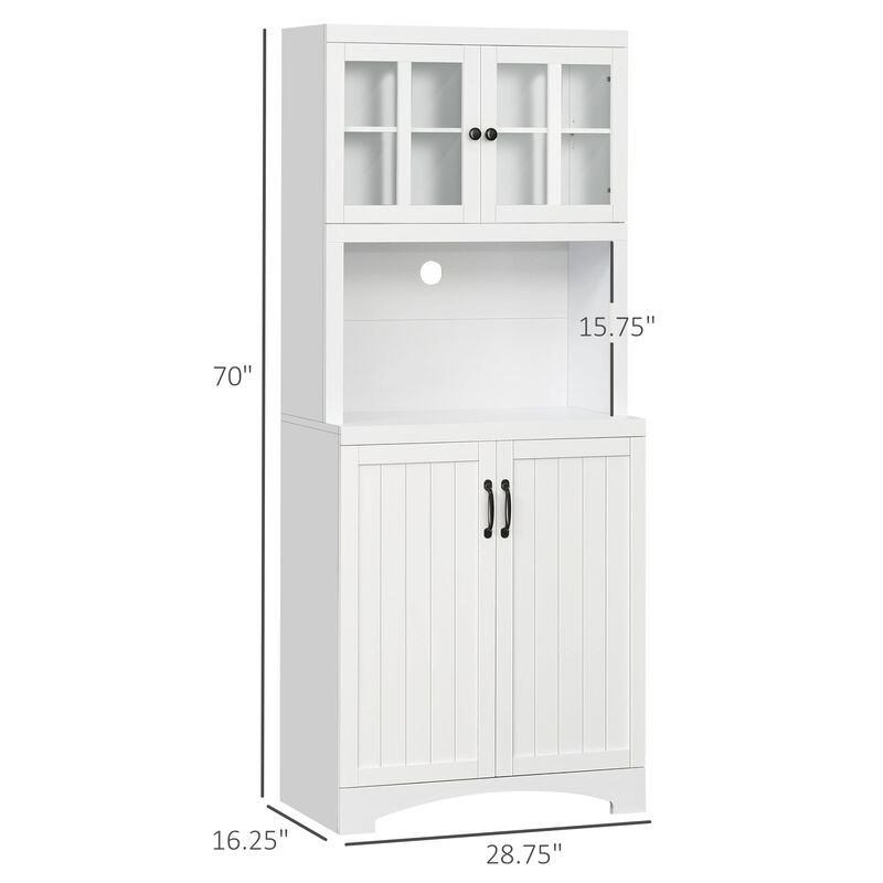 White Kitchen Storage: Hutch Cabinet with Glass Door and Microwave Space