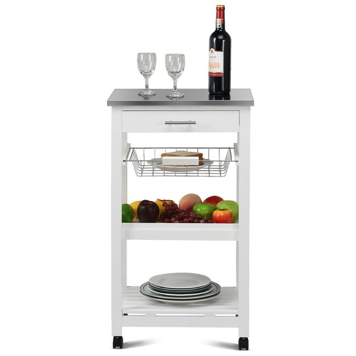 Hivvago White Kitchen Cart with Storage Drawer and Stainless Steel Top