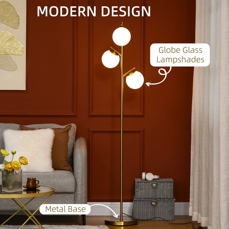 Gold Living Space Illumination: 3-Light Tree Floor Lamp with Globe Shades