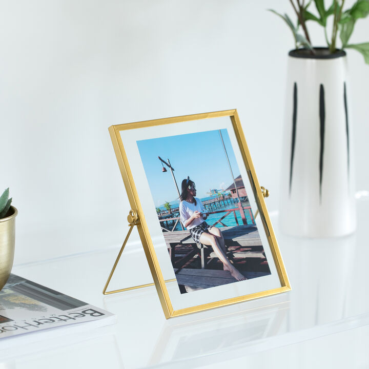 Modern Metal Floating Tabletop Photo Picture Frame with Glass Cover and Easel Stand, Gold 5" x 7"