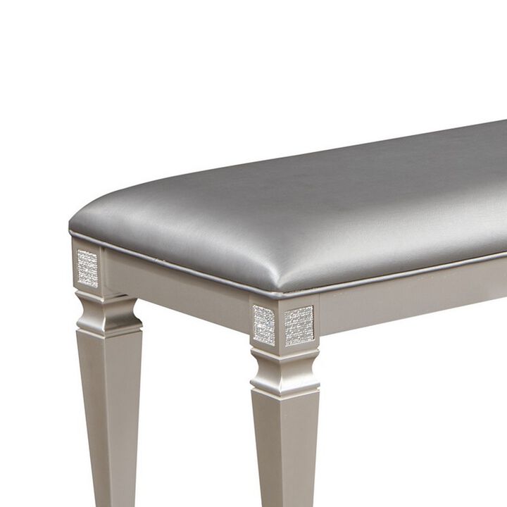 Scott 60 Inch Dining Bench, Sparkling Silver Gray Faux Leather, Wood Frame - Benzara