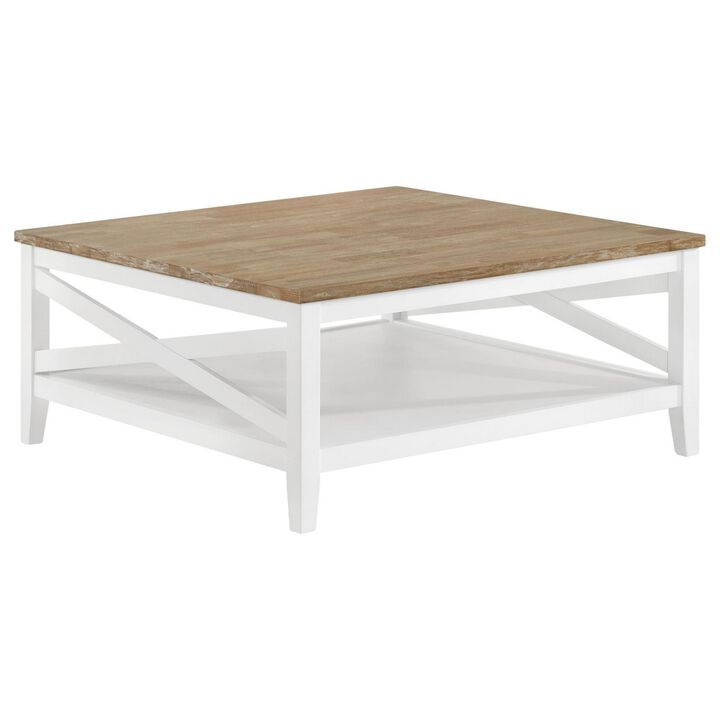 Maise 39 Inch Coffee Table, Rustic Wire Brushed Wood Top, Brown and White - Benzara