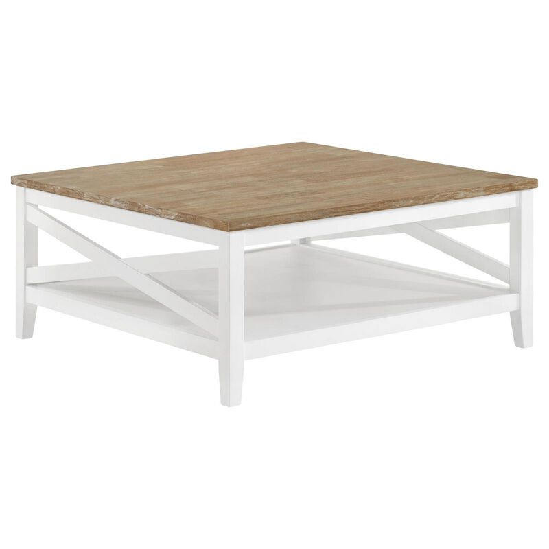Maise 39 Inch Coffee Table, Rustic Wire Brushed Wood Top, Brown and White - Benzara