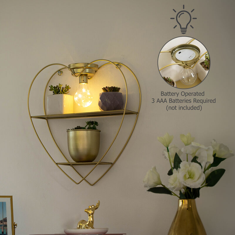 Vintiquewise Heart-Shaped 2-Tier Floating Metal Wall Shelf with Overhead Light Bulb – Decorative Wall-Mounted Shelf for Bedroom, Living Room, Hallway, Bathroom, or Entryway Decor, Gold Finish