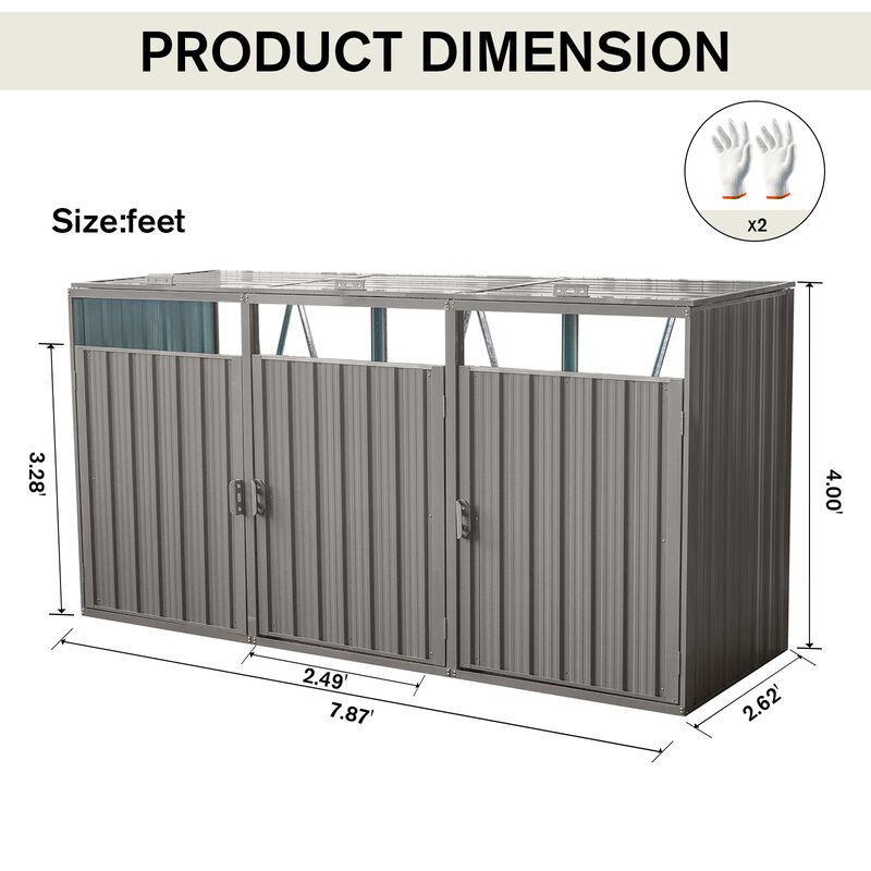 MONDAWE Garbage Bin Shed Stores 3 Trash Cans Metal Outdoor Bin Shed for Garbage Storage,Stainless Galvanized Steel, Bin Shed for Garden Yard Lawn