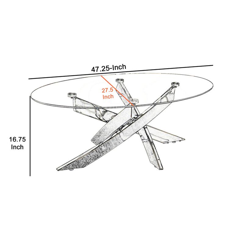 Oval Shape Glass Top Coffee Table with Criss Cross Base, Silver and Clear-Benzara