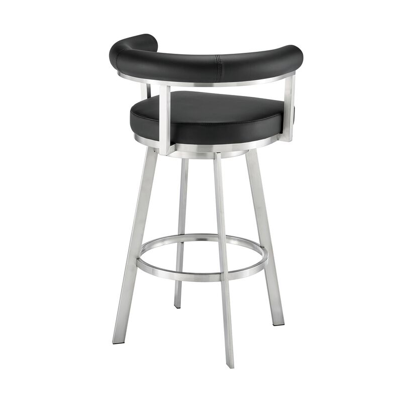 Weni 26 Inch Swivel Counter Stool Chair, Barrel Open Back, Chrome, Black - Benzara