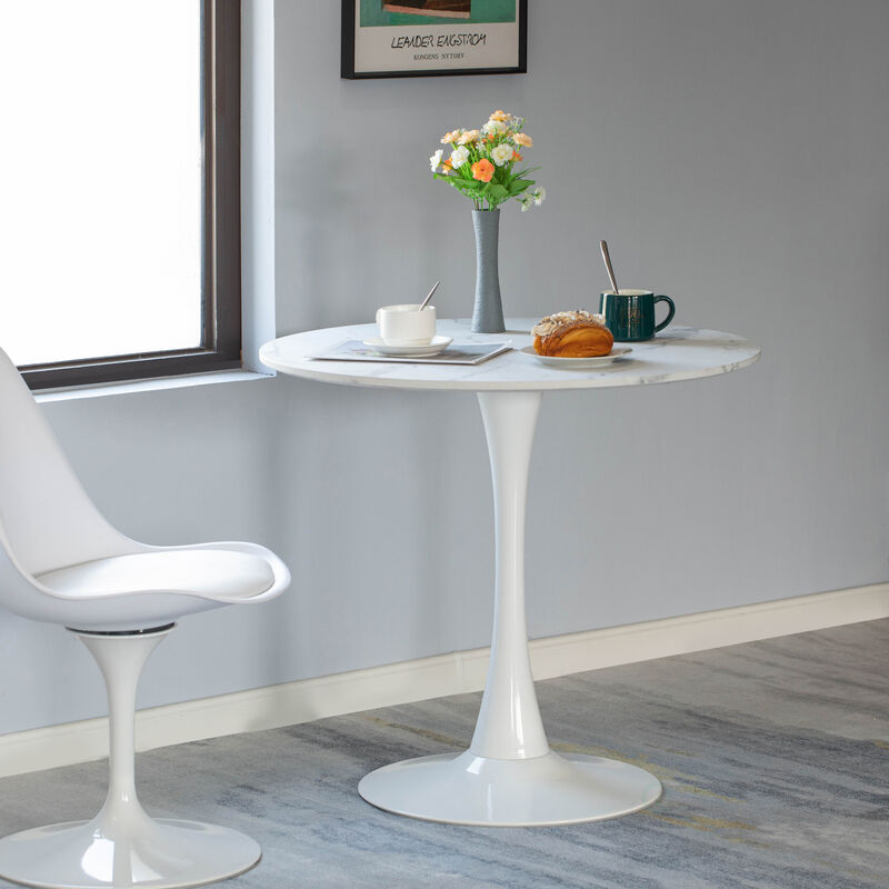 31.5" White Round Tulip Table with Modern Marble Painting Top and Sturdy Wooden Pedestal Stand, MDF Accent Dining Table