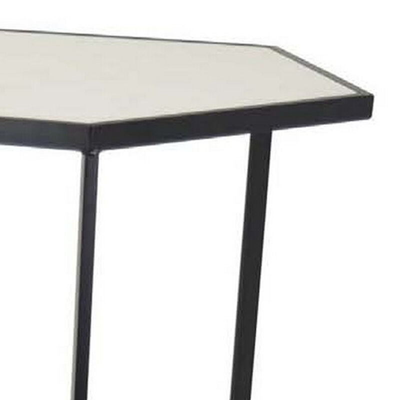 Plant Stand Table Set of 2, Black Metal Frame, Hexagonal White Tabletop - Benzara