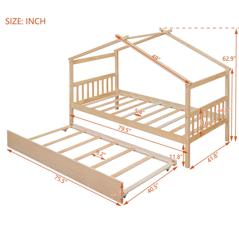 Twin Size Wooden House Bed With Twin Size Trundle, Natural