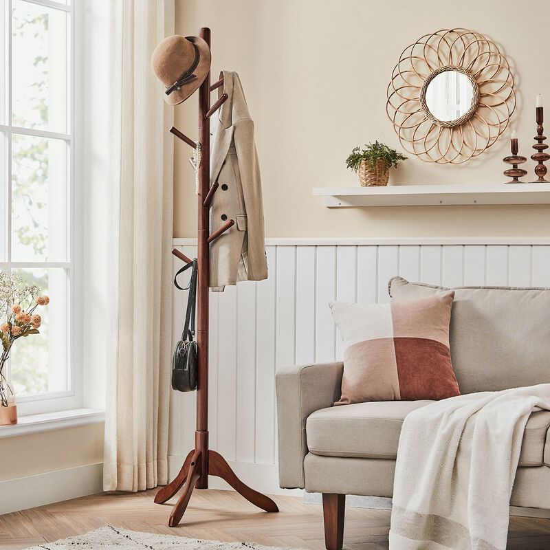 Coat Rack with 8 Hooks, Solid Wood Coat Tree Free Standing