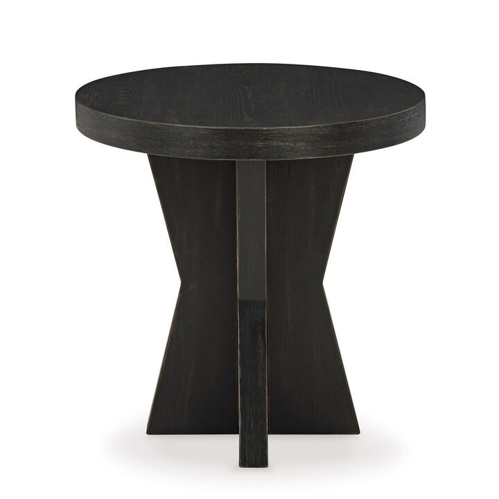 Dani Round Side End Table, Geometric Design, 24 Inch Black Rustic Oak - Benzara