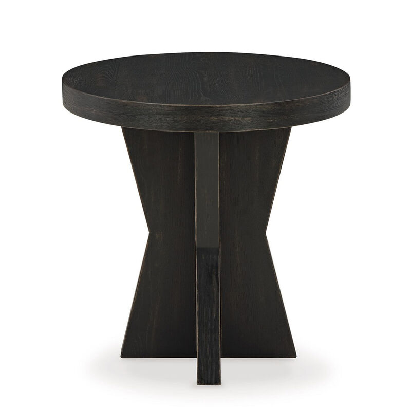 Dani Round Side End Table, Geometric Design, 24 Inch Black Rustic Oak - Benzara