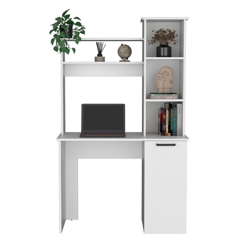 DEPOT E-SHOP Muncy Computer Desk with Ample Work Surface, Hutch Storage and Single Door Cabinet with 3-Tier Shelves, White