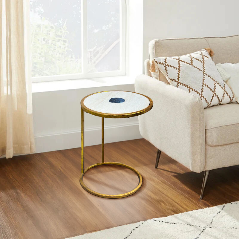 20 Inch Round Side End Table, White Marble Top with Blue Agate Stone Inlay, Gold Foil Finish Iron Frame - Benzara