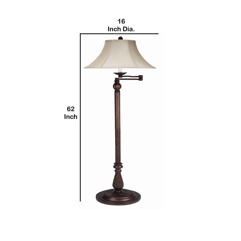 Swing Arm Metal Body Floor Lamp with Fabric Bell Shade, Bronze and Beige-Benzara