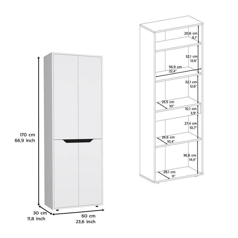 Kitchen Storage Cabinet 67"H, Four Doors, Five Interior Shelves, White/Black
