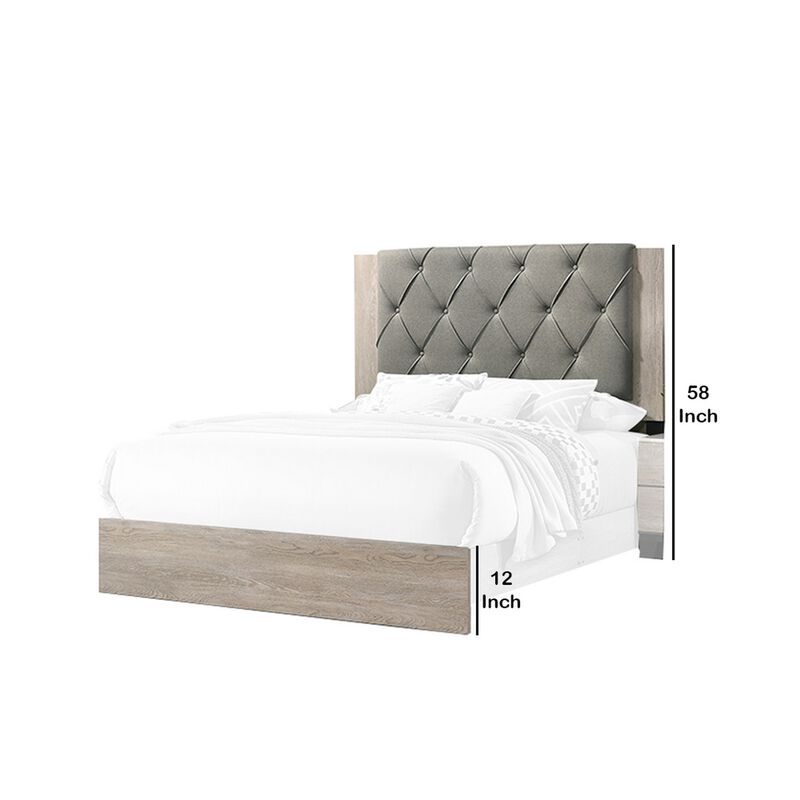 Wooden Queen Bed with Button Tufted Upholstered Headboard, Gray and Cream-Benzara